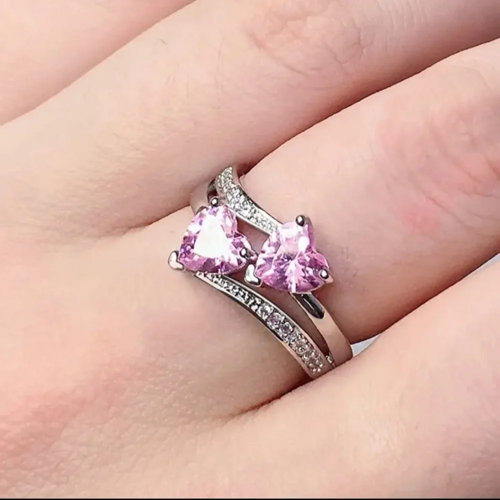 New Women's Elegant Double Heart Zircon Wedding Party Ring pink size 6